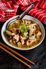 Soup with pieces of pork and mushrooms in bowl.