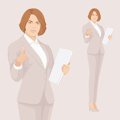 Elegant Businesswoman with Folder. Pointing OK finger.