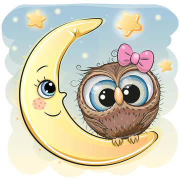 Cute Cartoon Owl girl on the moon