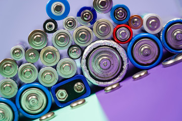 Many different types used or new battery, rechargeable accumulator, alkaline batteries on color...