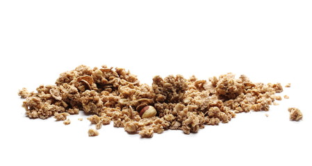 Crunchy granola, muesli pile with nuts isolated on white background