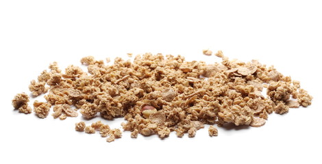 Crunchy granola, muesli pile with nuts isolated on white background