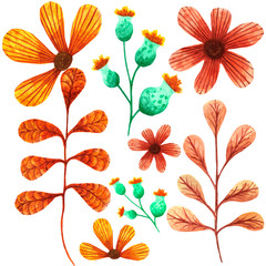 Fototapeta na wymiar set of flowers and orange leaves painted with watercolor
