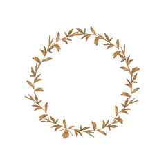 Frame with brown leaf autumn branch bouquet for wedding, celebration, invite watercolor effect on white background