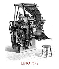 Linotype printing machine, it produces an entire line of metal type at once, significative improvement over the previous industry standard of  manual  letter-by-letter typesetting - obrazy, fototapety, plakaty