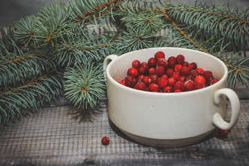 Light wooden table top with a cup of fresh red berries decorated with a spruce sprig.