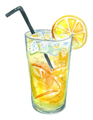 Lemonade with lemon. Image of a drink. Watercolor hand drawn illustration