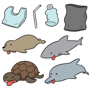 vector set of aquatic animal and plastic