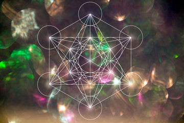 Mercabah Metatrone cube sacred geometry on bokeh background