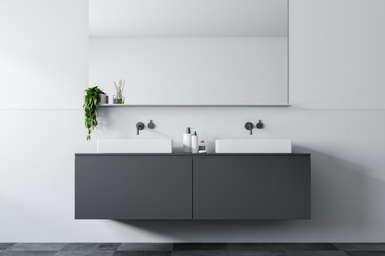 Gray counter double bathroom sink