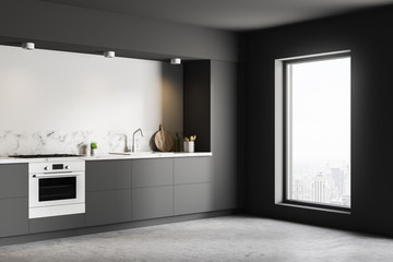 White kitchen corner, gray countertops