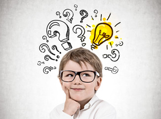Little boy in glasses question marks and lightbulb