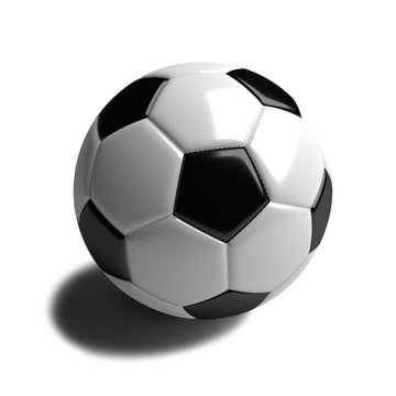 black and white soccer ball with shadow. Isolated on white. 3d render.