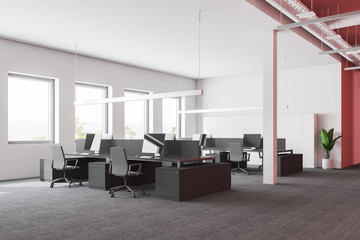 White and pink office corner, gray tables, column