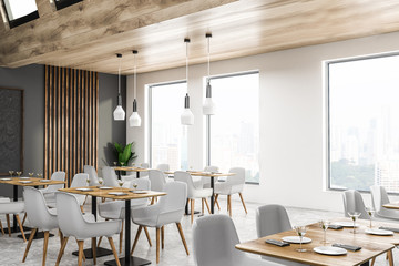 Gray and white cafe corner, blackboard