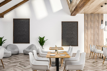 White cafe interior, blackboard