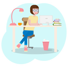 Workspace concept with devices. Girl student at workplace with graphic tablet. Young graphic designer woman using digital graphics tablet, computer. Businesswoman sitting at the desk with computer.
