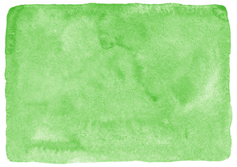 Grass green watercolor background. Hand drawn watercolour texture with aquarelle stains. Painted spring, nature, eco, vegan, St. Patrick Day background. Uneven rounded edges. 