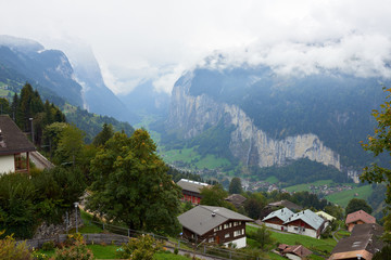 Fototapeta na wymiar Mountain view from Wengen village in Lauterbrunnen in Switzerland.