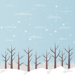 Trees with no leafs. Welcome winter. Winter Snowy Landscape with houses and trees. Flat Vector Illustration. Trees with no leafs