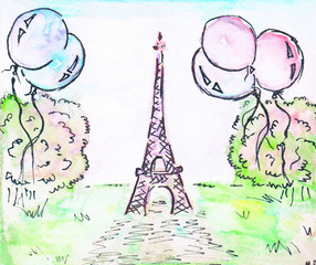 Fototapeta na wymiar Eiffel tower. Green lawn, balloons and green trees -illustration.