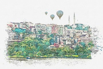 A watercolor sketch or illustration of a beautiful view of the traditional architecture in Istanbul, Turkey. Hot air balloons are flying in the sky.