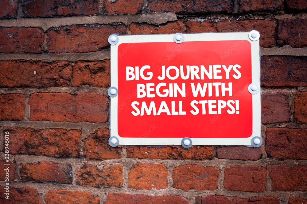 Poster handwriting text writing big journeys begin with small steps. concept meaning one step at a time to 