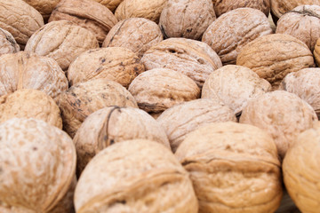 Many walnuts on a wooden background