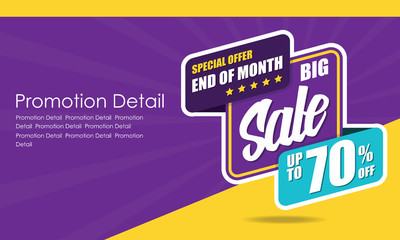 Sale banner template design, poster, Special Offer And Of Month, discounts, up to 70% off. Vector illustration. Store label. Communication poster