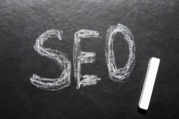 SEO - search engine optimization, text on black blackboard with white chalk