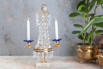 Vintage crystal metal candlestick for two candles