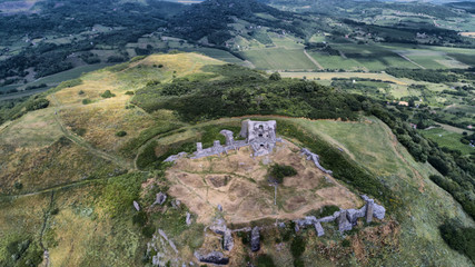 Fototapeta na wymiar Aerial view, about the ruins of Csobanci var in Hungary. View from drone