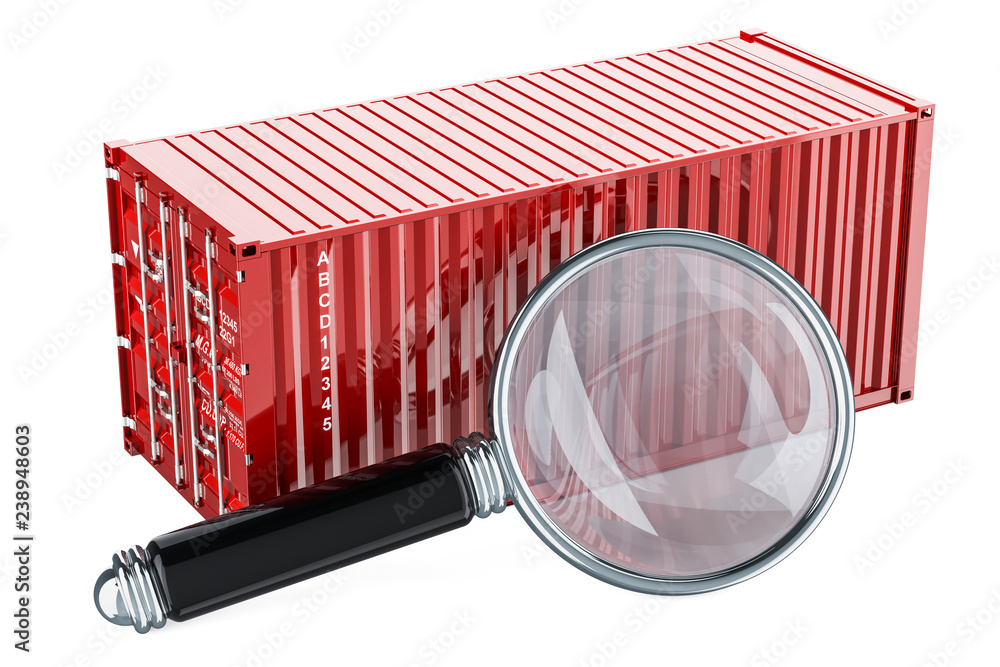 Poster cargo container with magnifying glass. data search concept. 3d rendering