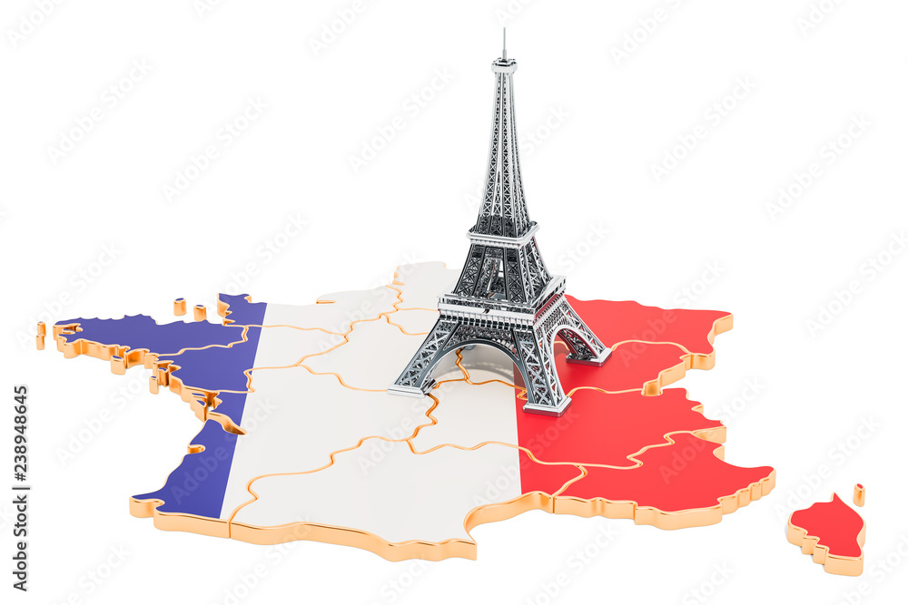 Poster map of france with eiffel tower, 3d rendering