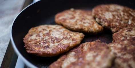Fried meat in a pan. Fried beef cutlets for burgers. How to make a burger.