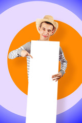 A young guy is holding a blank billboard