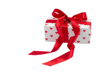 box with a gift with the image of hearts tied with a ribbon isolate on a white background. Valentine's Day celebration concept