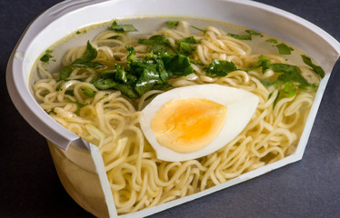 ramen plate and boiled egg cut in half.cut in half a plate