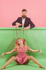 Creative idea. Love. vintage fashion woman puppet and man. retro girl and master in party. Crazy...
