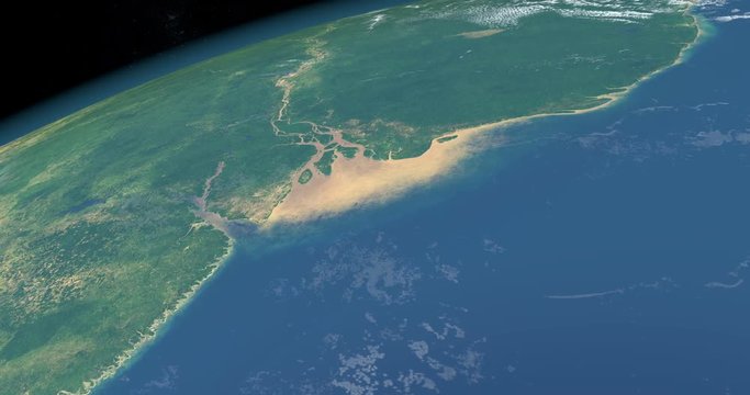 Delta and river mouth of Amazon river in Brazil, aerial view from outer space of earth planet