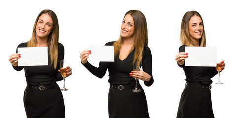 set of Woman with champagne celebrating new year 2019 holding an empty white placard for insert a...