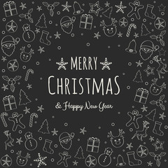 Merry Christmas and Happy New Year - card with hand drawn decorations. Vector.