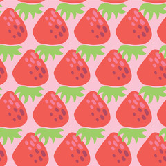 Strawberries seamless vector pattern on red on pink background. Vintage inspired fruit design for fabric, paper, packaging, home decor, kitchen, bar menu, summer party, farmers market, juice.