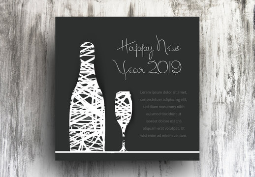 New Years Card Layout with Bottle and Glass Illustration