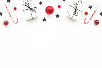 Christmas stars, decorations, gift on white background, flat lay, top view