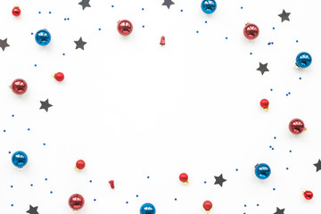 Christmas stars, decorations on white background, flat lay, top view