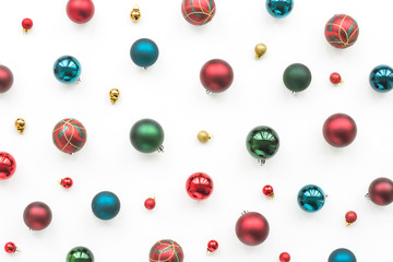 Christmas decoration on white background, top view, flat lay