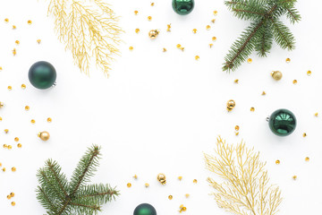 Christmas decoration on white background, top view, flat lay