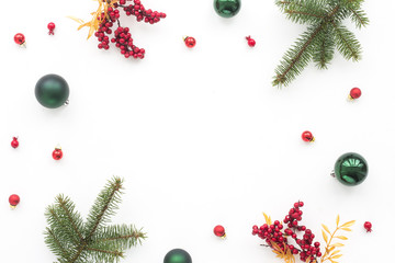 Christmas decoration on white background, top view, flat lay