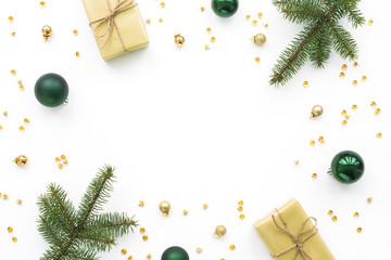 Christmas decoration on white background, top view, flat lay